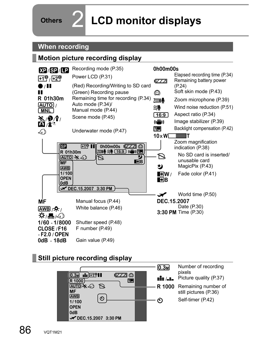 Panasonic SDR-SW20PC operating instructions Others 2 LCD monitor displays, When recording, Motion picture recording display 