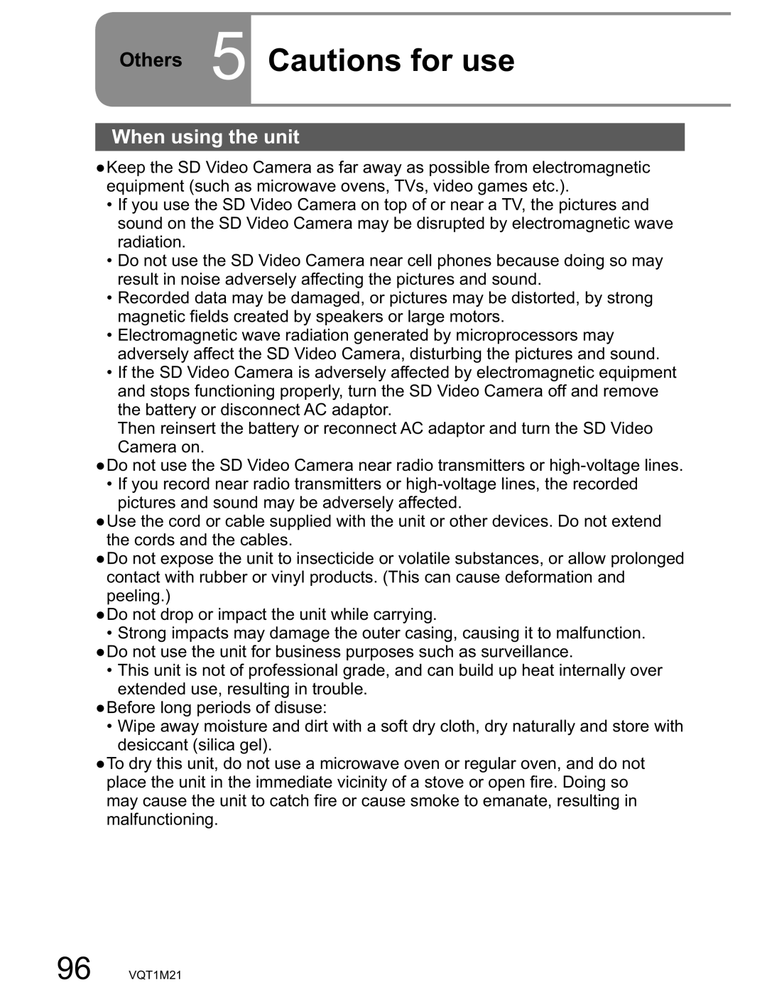 Panasonic SDR-SW20PC operating instructions Others 5 Cautions for use, When using the unit 