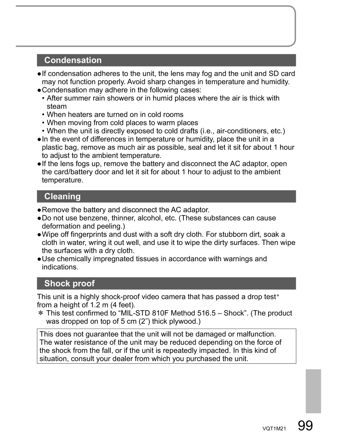 Panasonic SDR-SW20PC operating instructions Condensation, Cleaning, Shock proof 