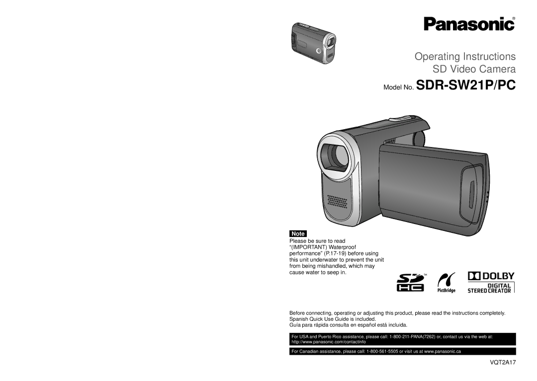 Panasonic SDR-SW21PC operating instructions Model No. SDR-SW21P/PC, VQT2A17 