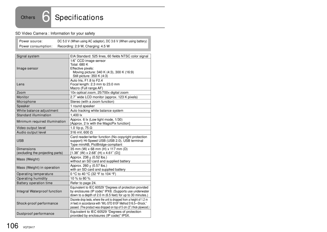 Panasonic SDR-SW21PC operating instructions Others 6 Specifications, SD Video Camera Information for your safety 