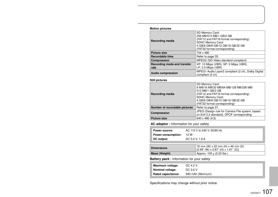 Panasonic SDR-SW21PC AC adaptor Information for your safety, Battery pack Information for your safety 