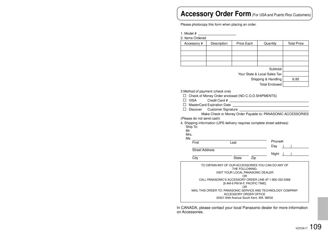 Panasonic SDR-SW21PC operating instructions Accessory Order Form For USA and Puerto Rico Customers, Visa 