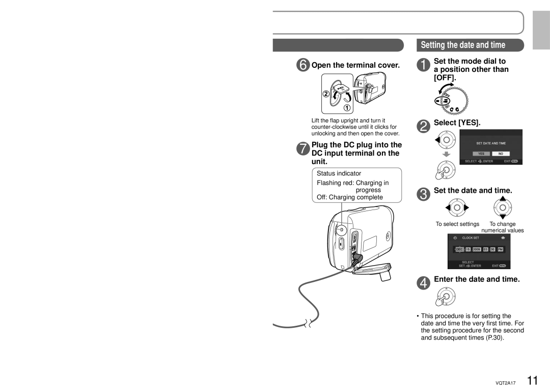 Panasonic SDR-SW21PC Plug the DC plug into DC input terminal on the unit, Select YES Set the date and time 