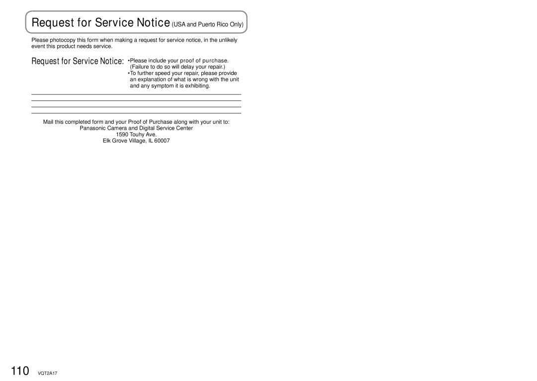 Panasonic SDR-SW21PC Request for Service Notice USA and Puerto Rico Only, Failure to do so will delay your repair 