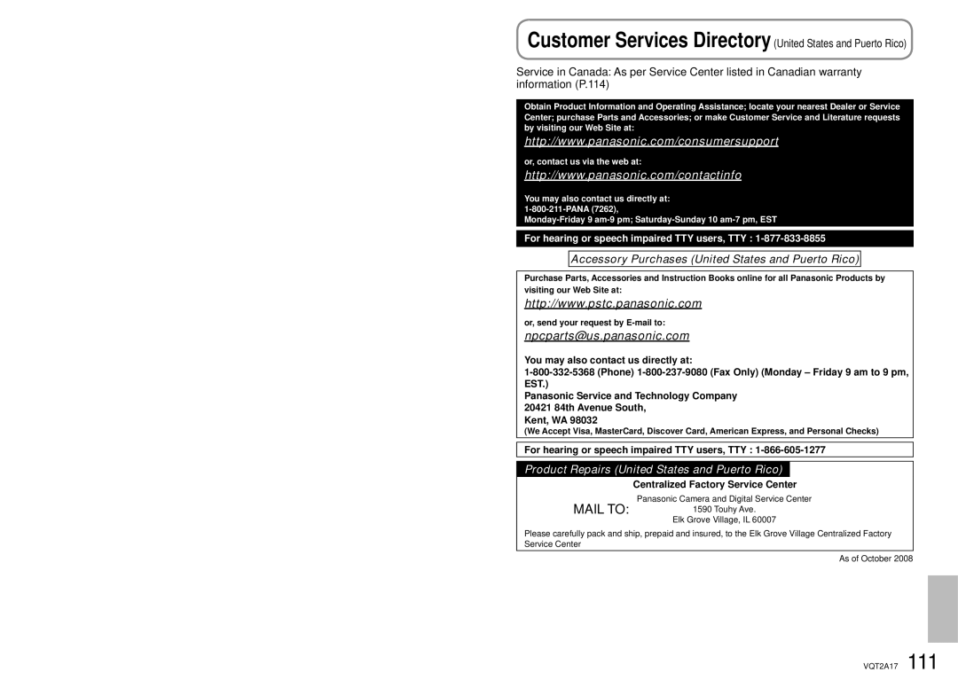 Panasonic SDR-SW21PC For hearing or speech impaired TTY users, TTY, Centralized Factory Service Center 