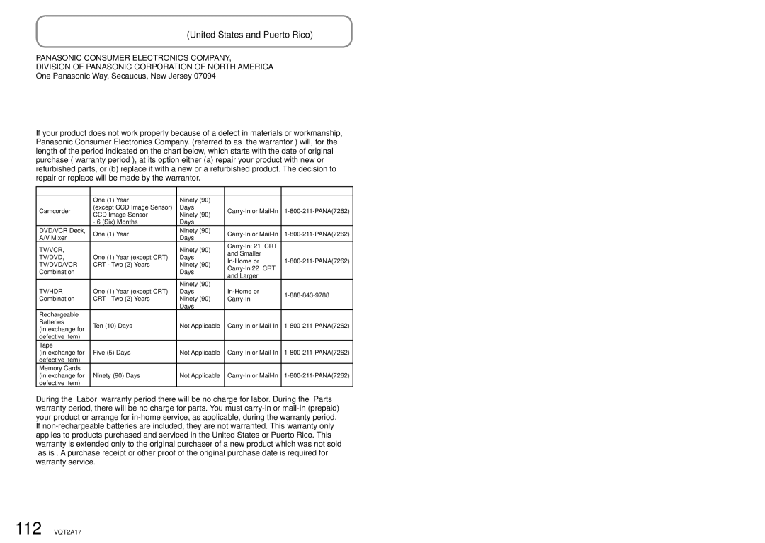 Panasonic SDR-SW21PC Panasonic Video Products Limited Warranty, Limited Warranty United States and Puerto Rico 