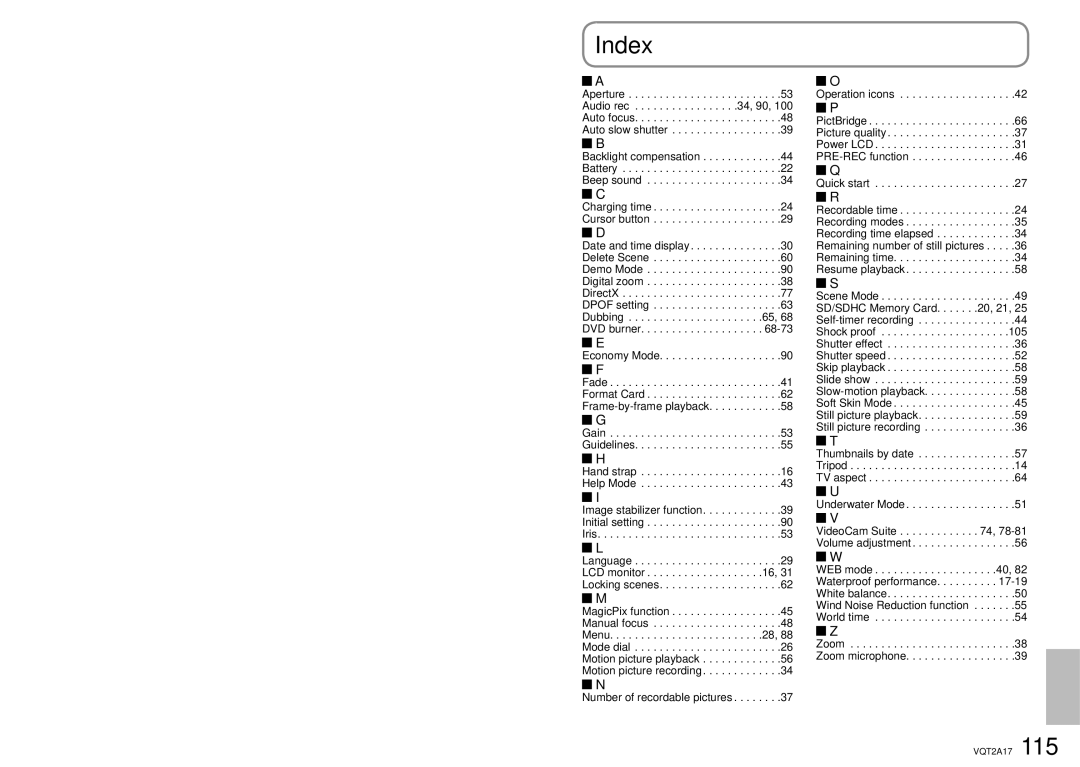 Panasonic SDR-SW21PC operating instructions Index, Economy Mode 