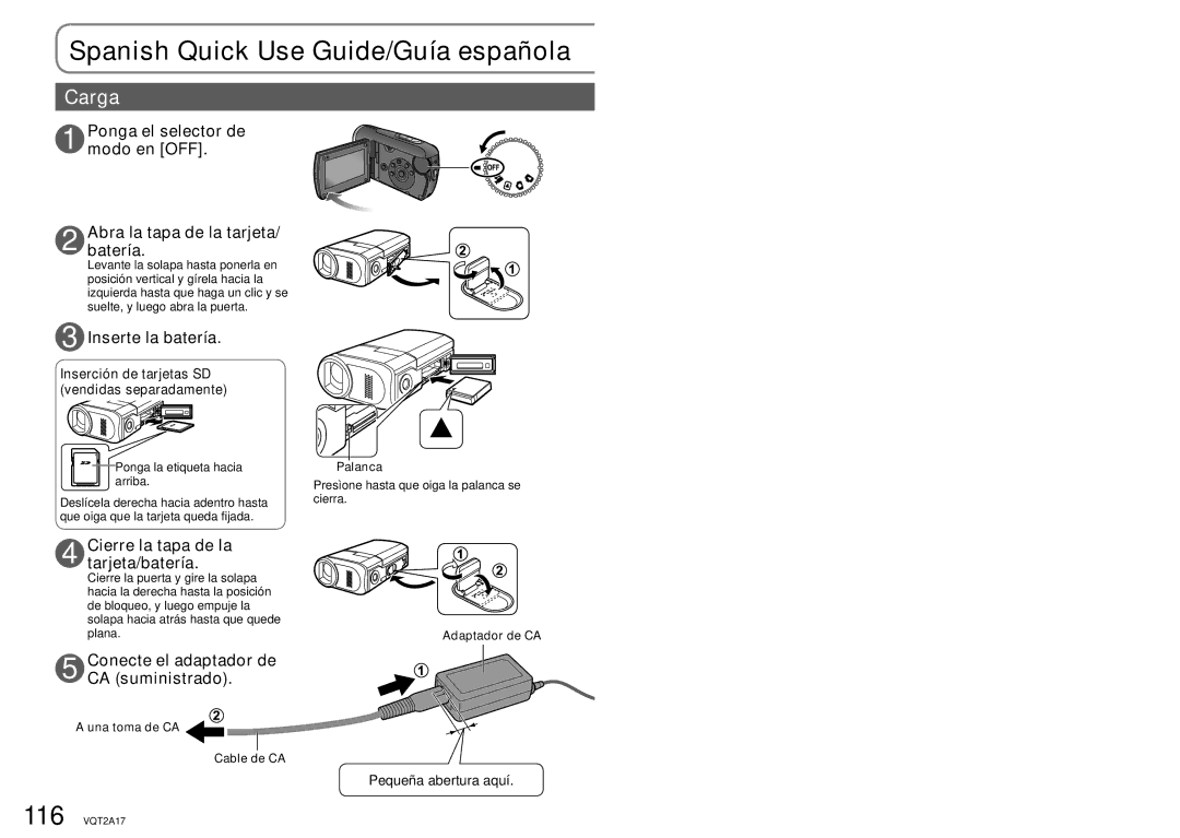 Panasonic SDR-SW21PC Spanish Quick Use Guide/Guía española, Inserte la batería, Cierre la tapa de la tarjeta/batería 