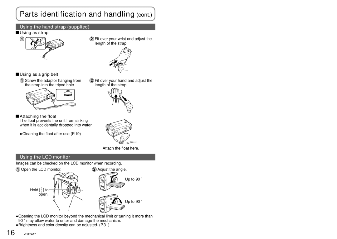 Panasonic SDR-SW21PC Parts identification and handling, Using the hand strap supplied, Using the LCD monitor 