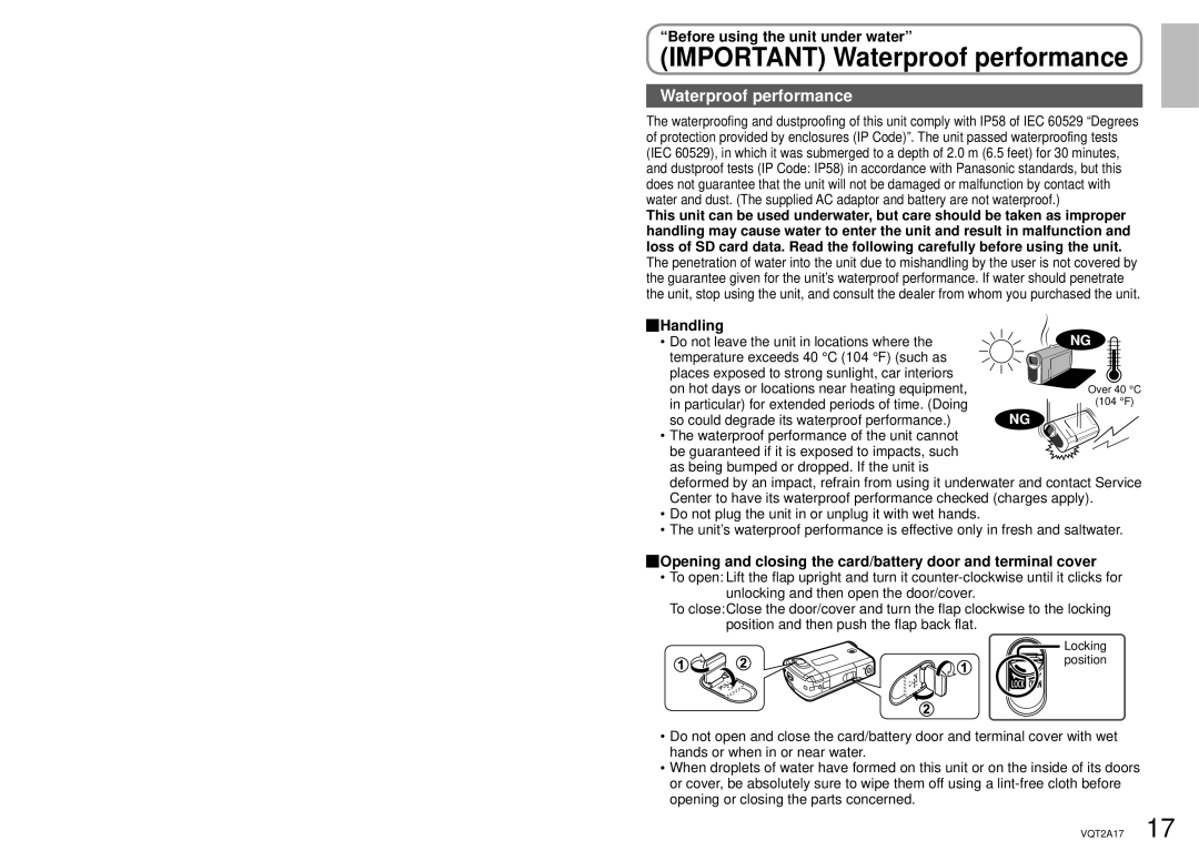 Panasonic SDR-SW21PC Important Waterproof performance, Before using the unit under water, Handling 