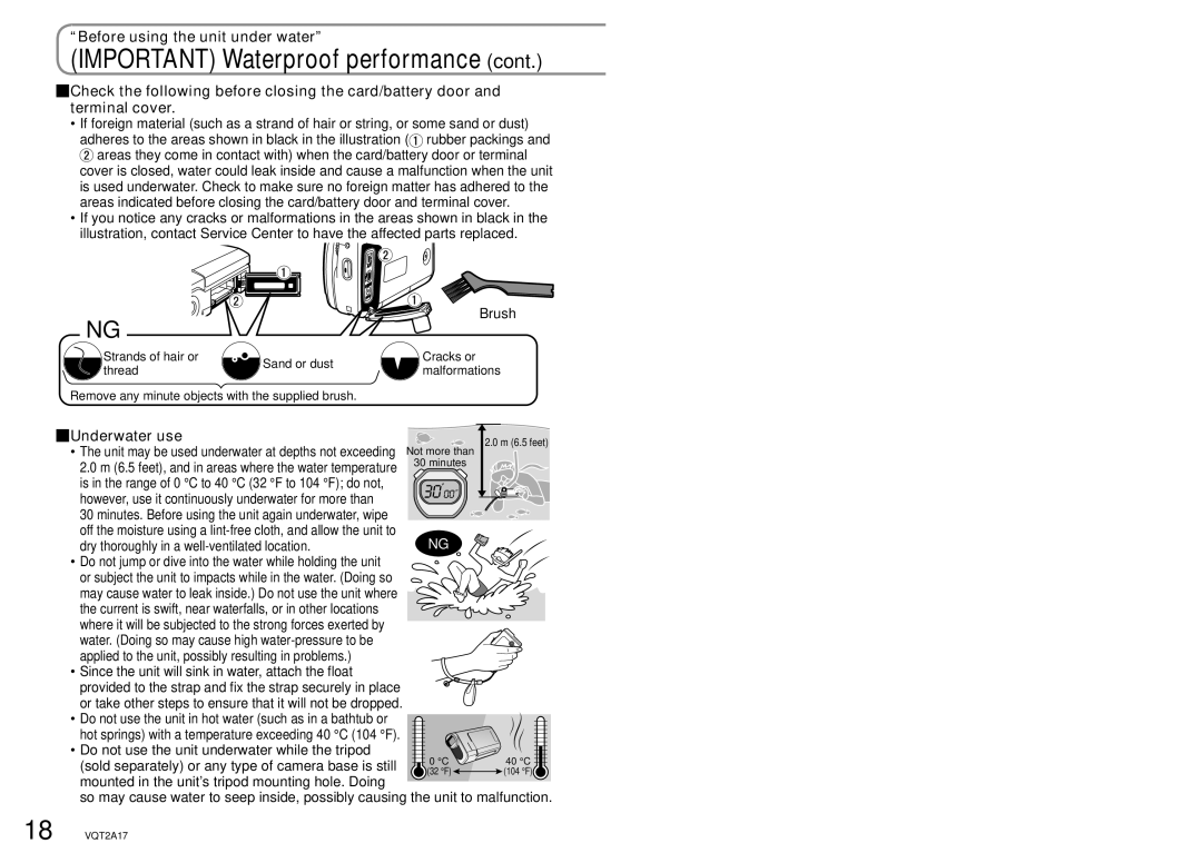 Panasonic SDR-SW21PC operating instructions Underwater use, Dry thoroughly in a well-ventilated location 