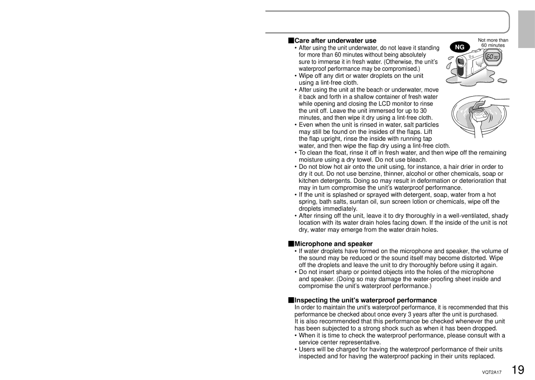 Panasonic SDR-SW21P Care after underwater use, Microphone and speaker, Inspecting the units waterproof performance 