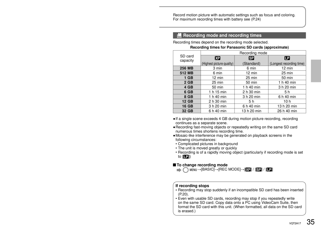 Panasonic SDR-SW21PC Recording mode and recording times, To change recording mode, If recording stops 