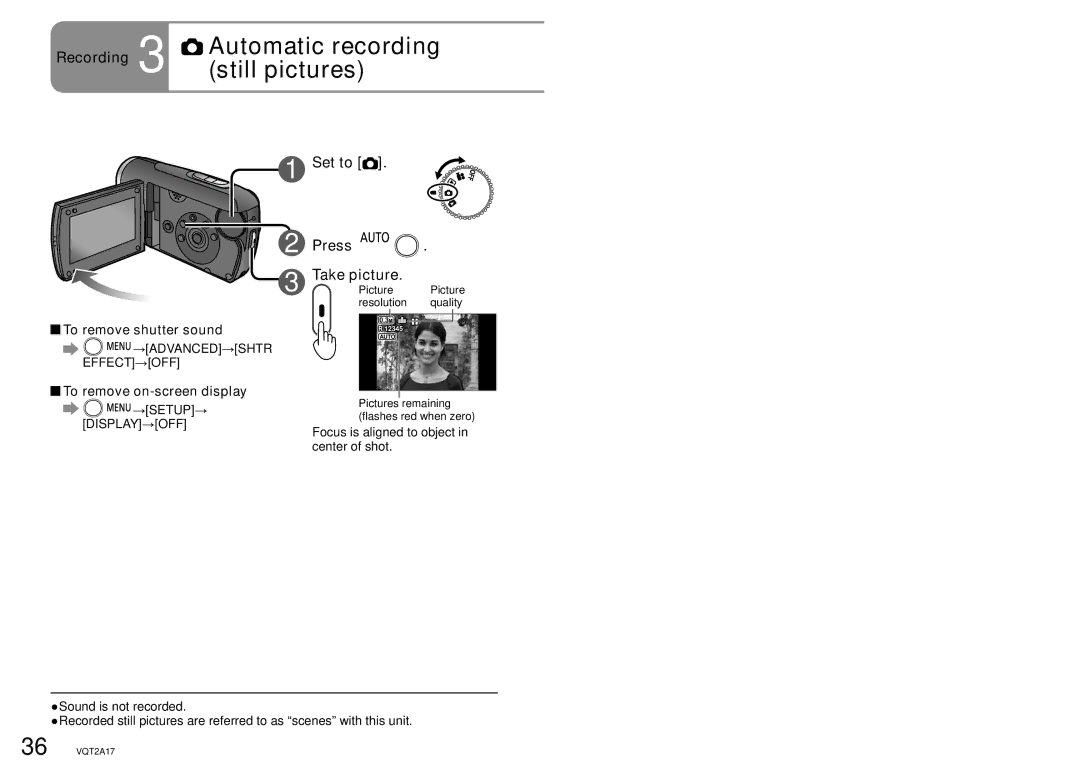 Panasonic SDR-SW21PC Recording 3 Automatic recording still pictures, Set to Press Take picture, To remove shutter sound 