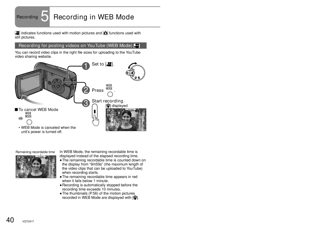 Panasonic SDR-SW21PC operating instructions To cancel WEB Mode, Recording for posting videos on YouTube WEB Mode 