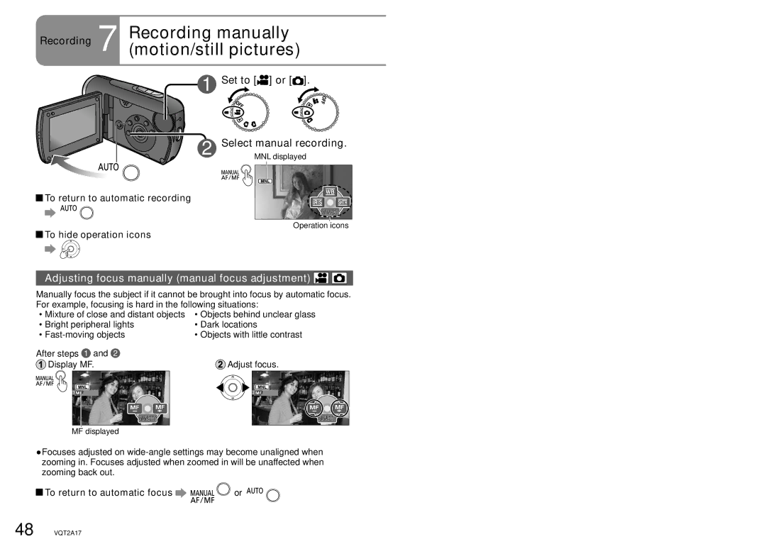 Panasonic SDR-SW21PC Recording 7 Recording manually motion/still pictures, Set to or, To return to automatic recording 