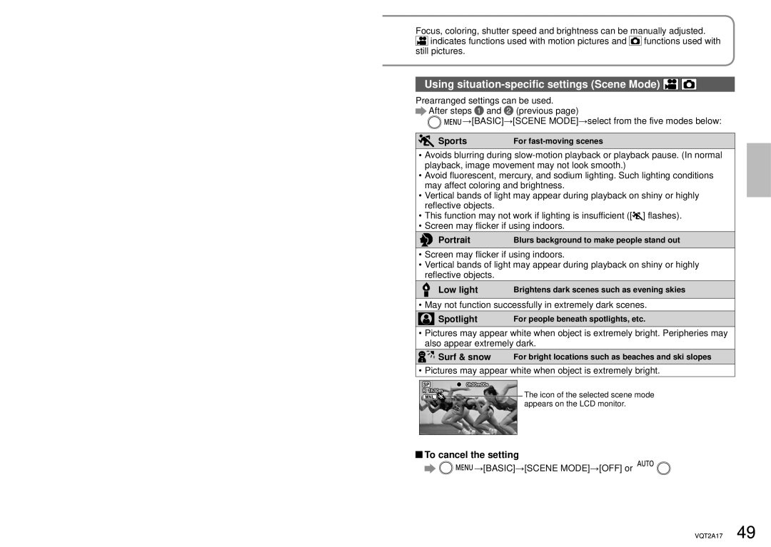 Panasonic SDR-SW21PC operating instructions Using situation-specific settings Scene Mode, To cancel the setting 