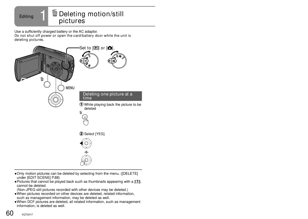 Panasonic SDR-SW21PC operating instructions Editing 1 Deletingpictures motion/still, Deleting one picture at a time 