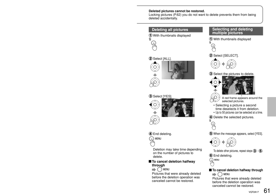 Panasonic SDR-SW21P Deleting all pictures, Selecting and deleting multiple pictures, To cancel deletion halfway through 