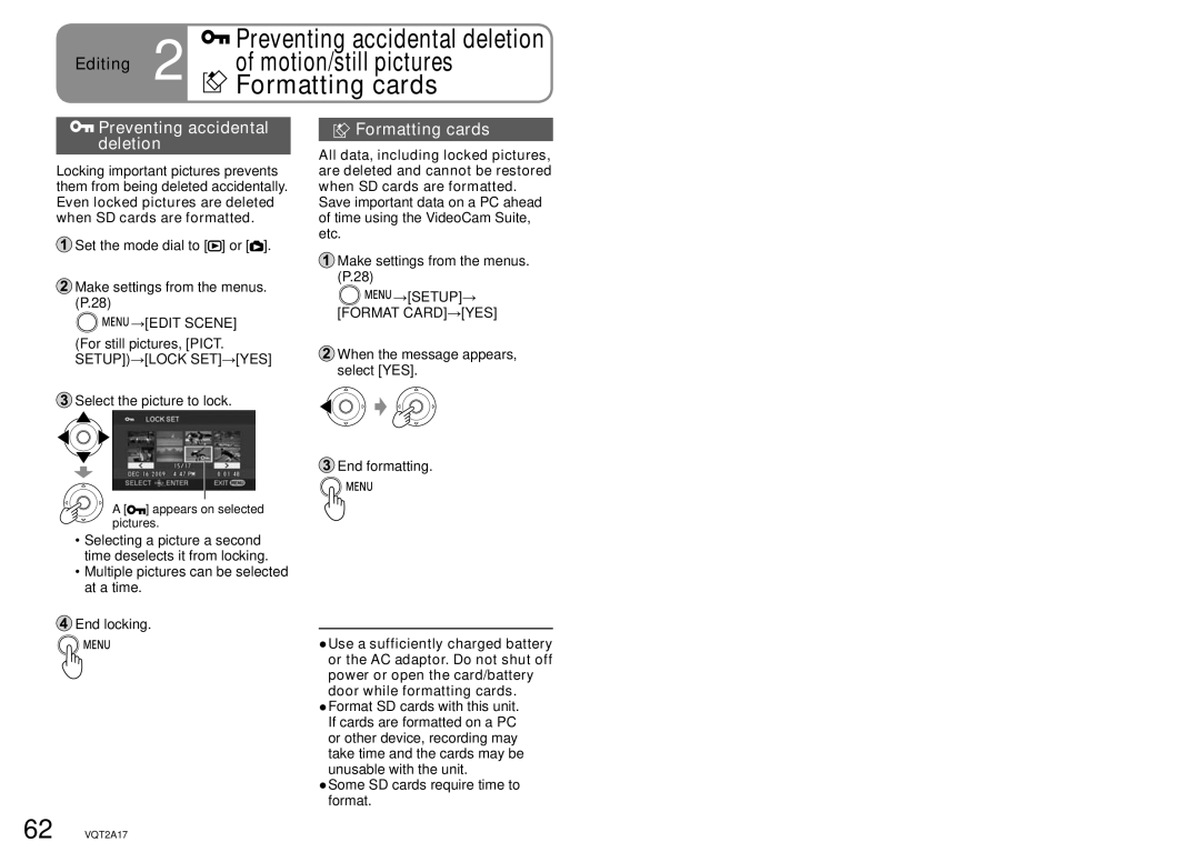 Panasonic SDR-SW21PC Preventing accidental deletion, Formatting cards, →EDIT Scene, →SETUP→ Format CARD→YES 