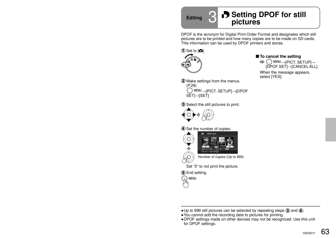 Panasonic SDR-SW21PC Editing 3 Setting Dpof for still Pictures, →Pict. Setup→, Dpof SET→CANCEL ALL 