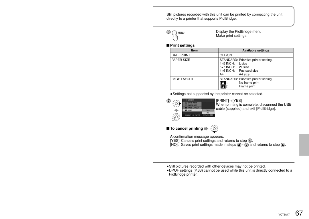 Panasonic SDR-SW21P Print settings, To cancel printing, Settings not supported by the printer cannot be selected 