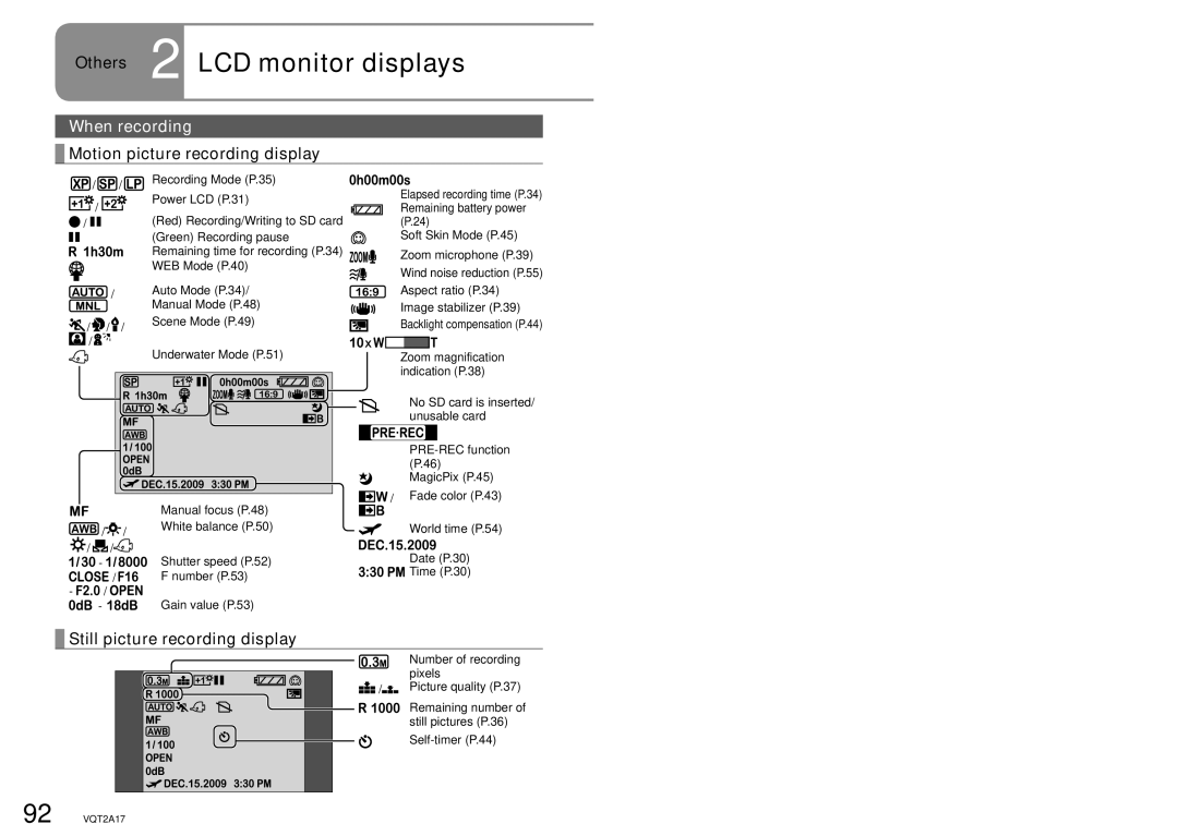 Panasonic SDR-SW21PC operating instructions Others 2 LCD monitor displays, When recording, Motion picture recording display 