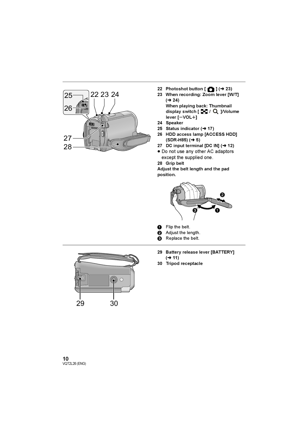 Panasonic SDR-S50 Grip belt Adjust the belt length and the pad position, Flip the belt Adjust the length Replace the belt 