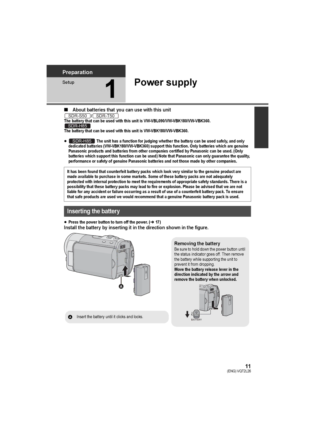 Panasonic SDR-H85 Power supply, About batteries that you can use with this unit, Setup, SDR-S50 /SDR-T50 