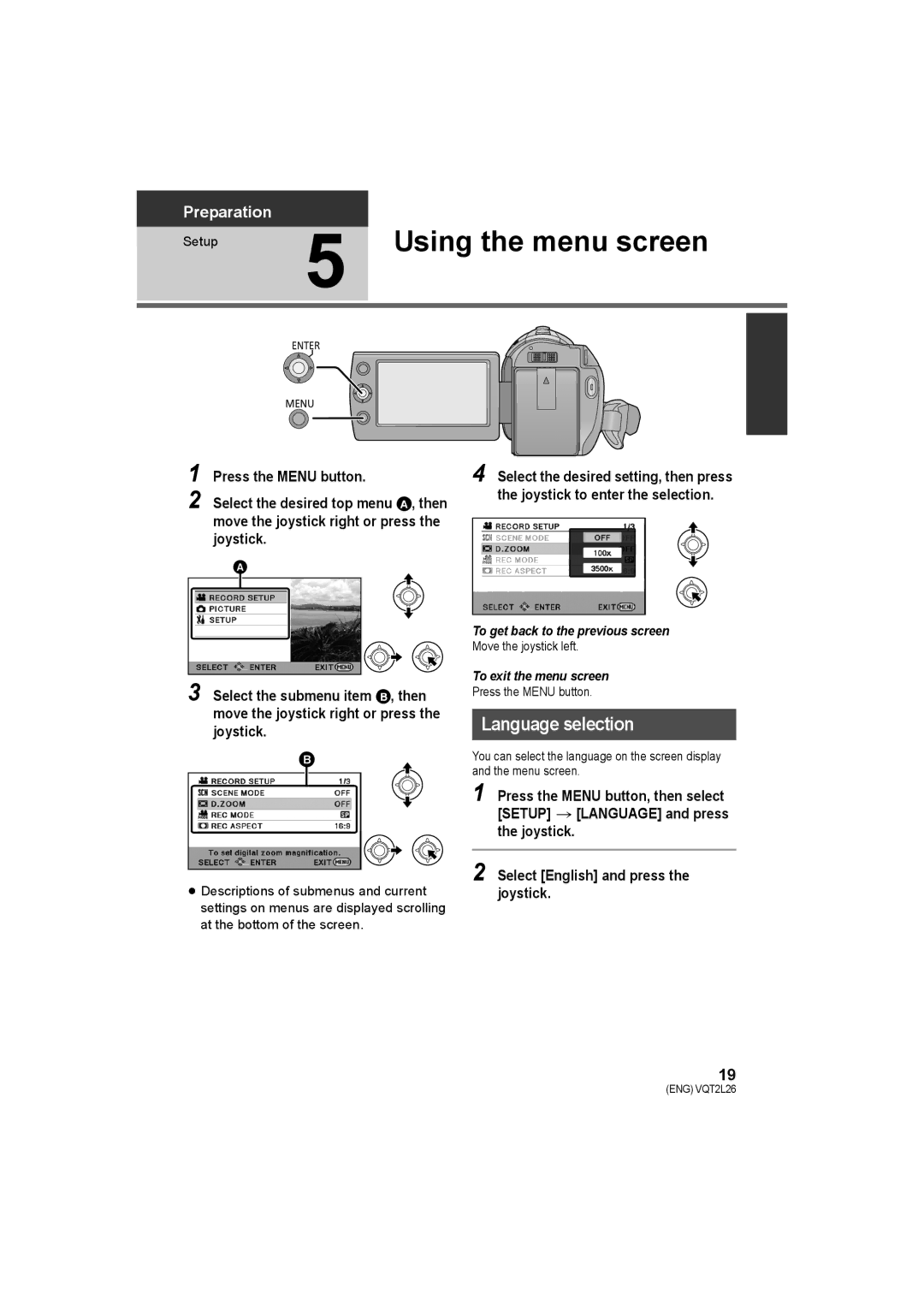 Panasonic SDR-S50, SDR-T50, SDR-H85 operating instructions Using the menu screen, Press the Menu button, Joystick 