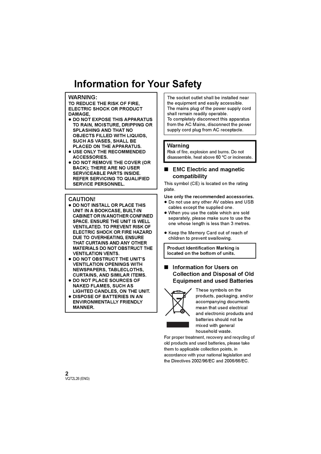 Panasonic SDR-H85, SDR-T50, SDR-S50 Information for Your Safety, EMC Electric and magnetic Compatibility, These symbols on 