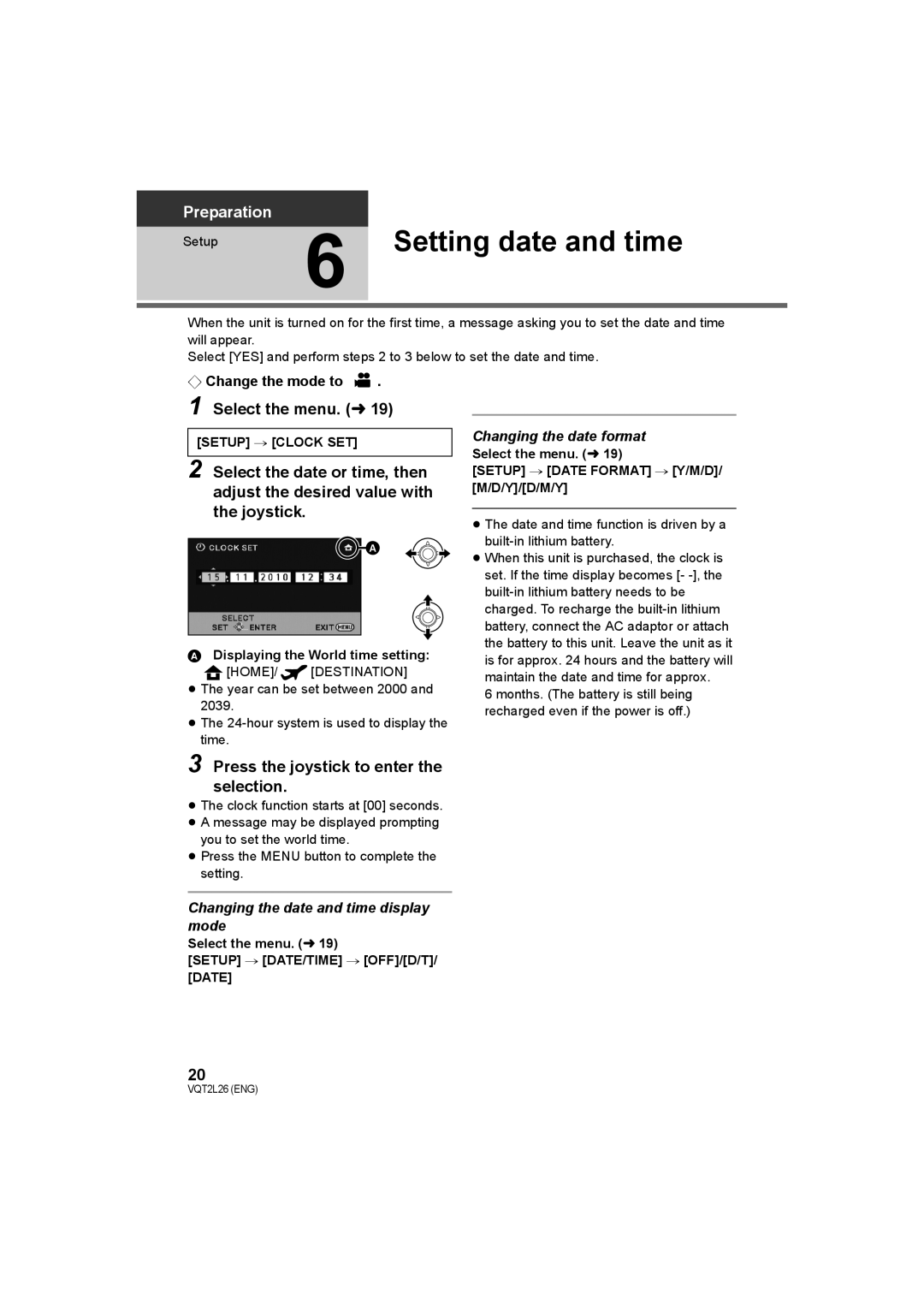 Panasonic SDR-H85, SDR-T50, SDR-S50 Setting date and time, Select the menu. l, Press the joystick to enter the selection 