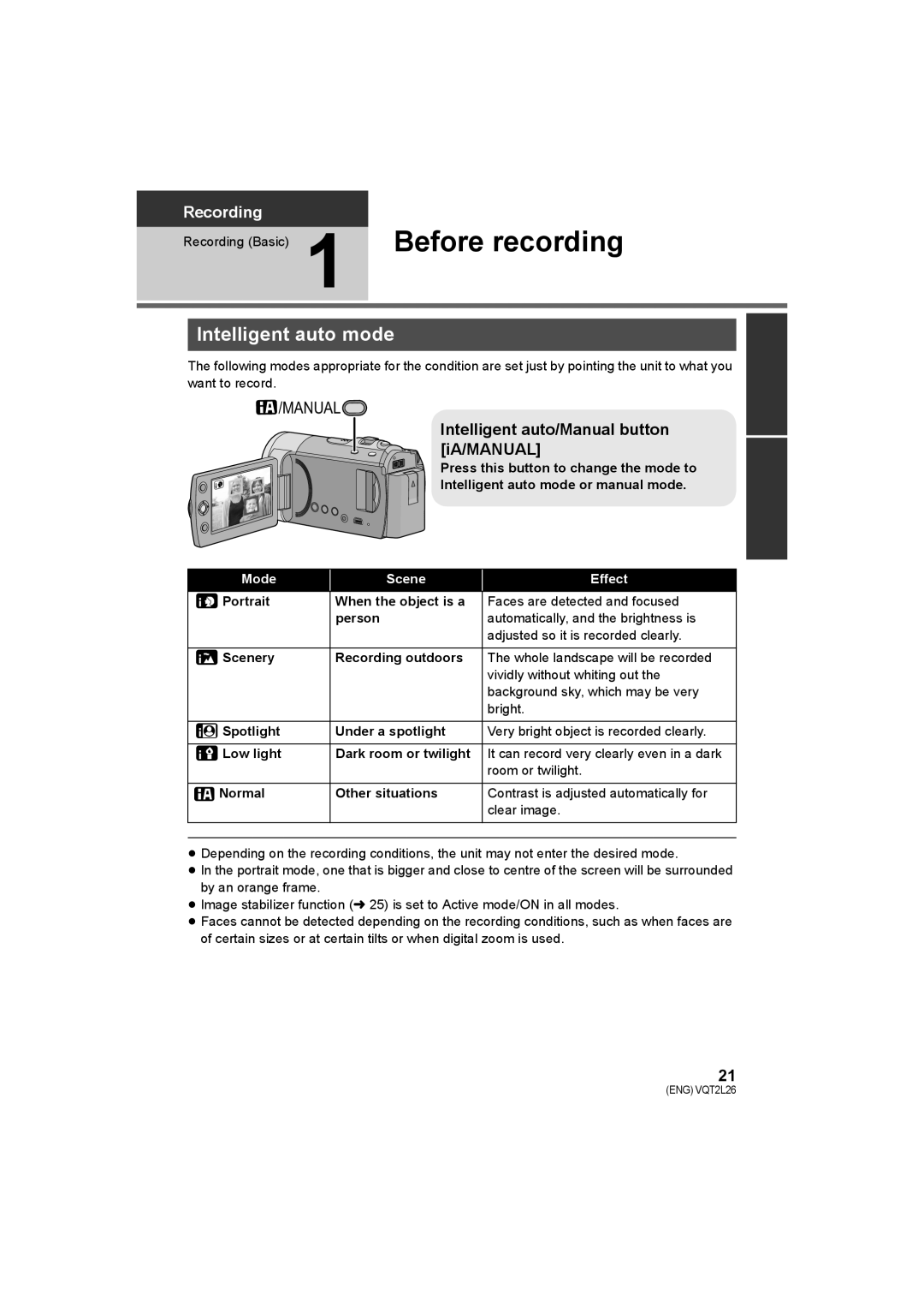 Panasonic SDR-T50, SDR-S50, SDR-H85 Before recording, Intelligent auto mode, Intelligent auto/Manual button iA/MANUAL 