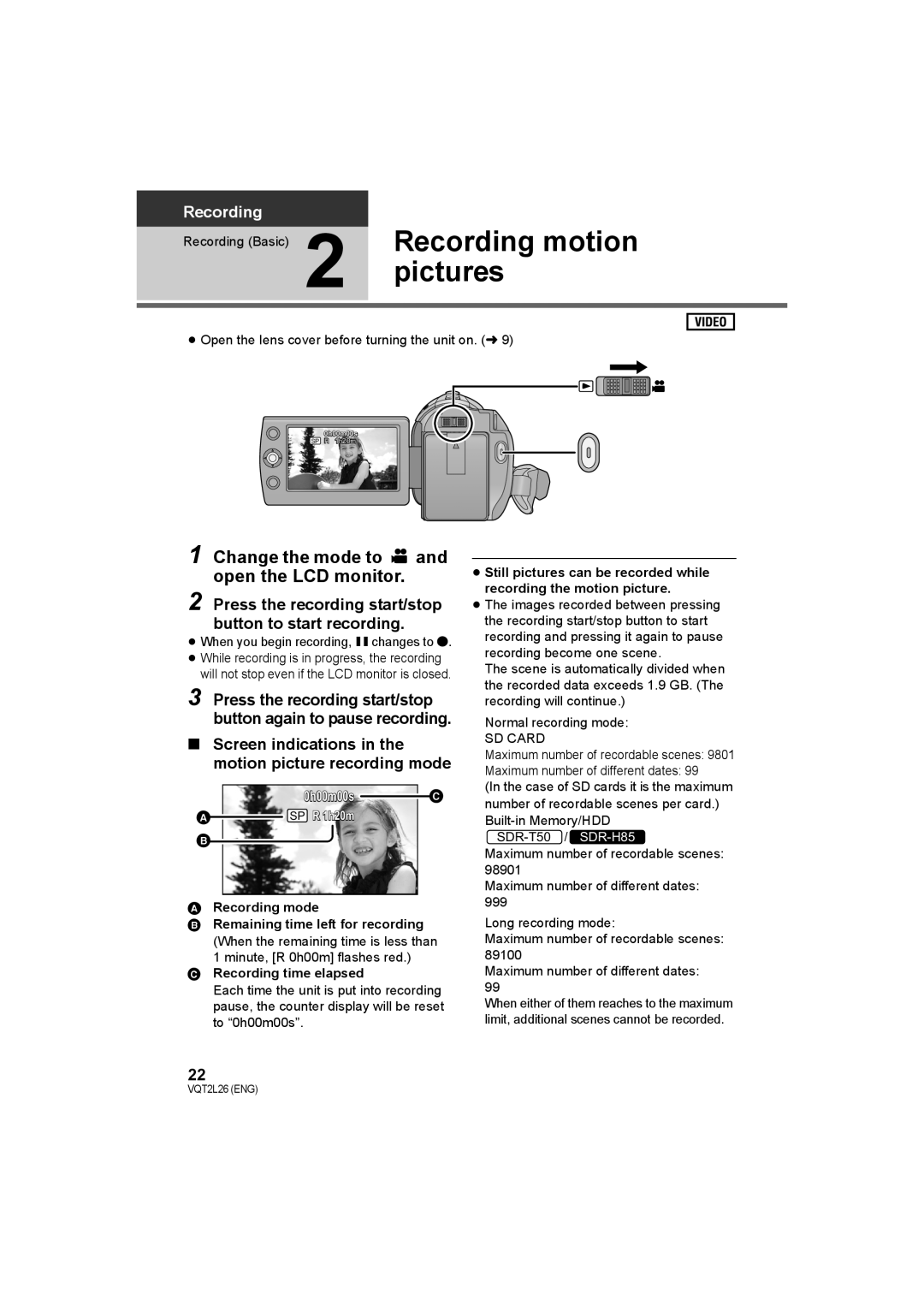 Panasonic SDR-S50, SDR-T50, SDR-H85 Recording motion, Pictures, Press the recording start/stop button to start recording 