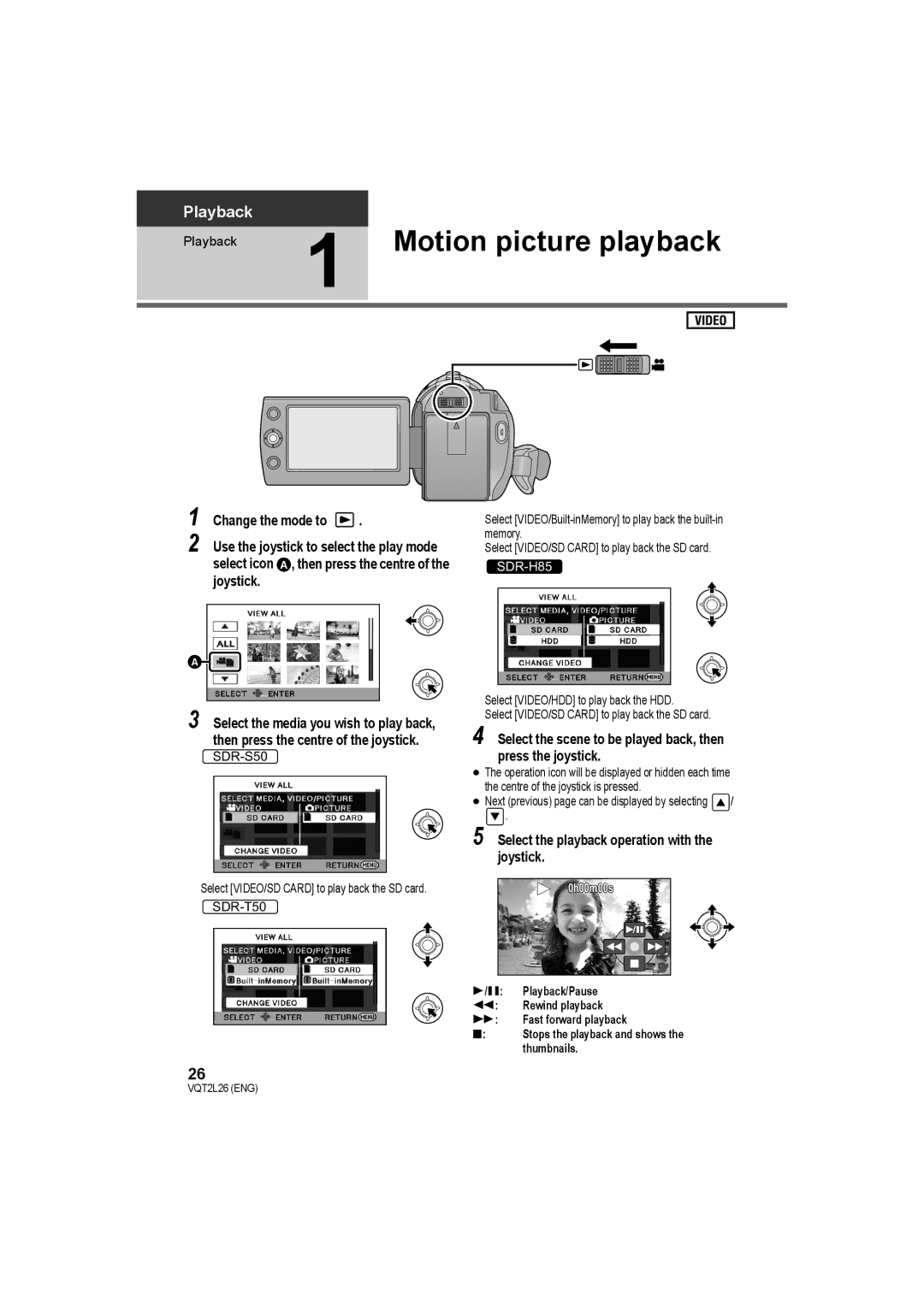 Panasonic SDR-H85, SDR-T50 Motion picture playback, Select the scene to be played back, then press the joystick, Playback 