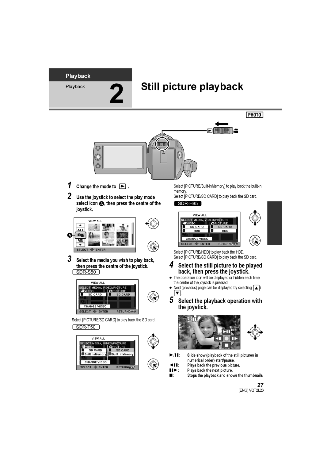 Panasonic SDR-T50, SDR-S50, SDR-H85 Still picture playback, Select the playback operation with the joystick 