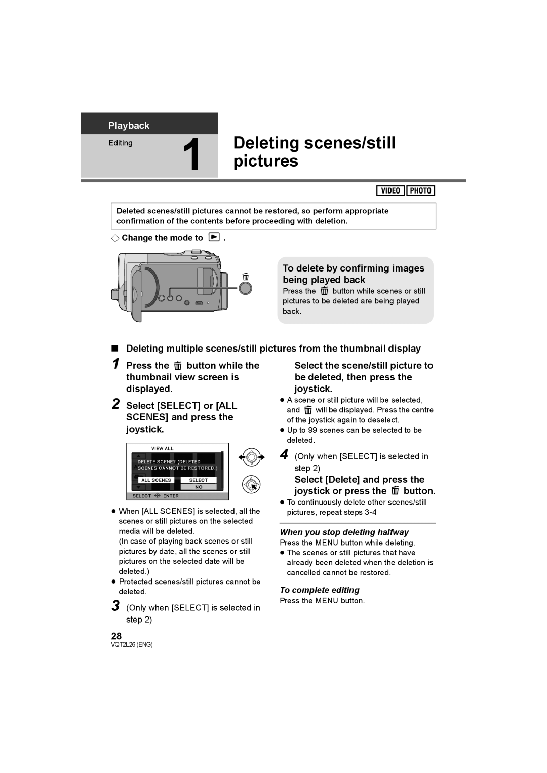 Panasonic SDR-S50, SDR-T50, SDR-H85 Deleting scenes/still, To delete by confirming images being played back 