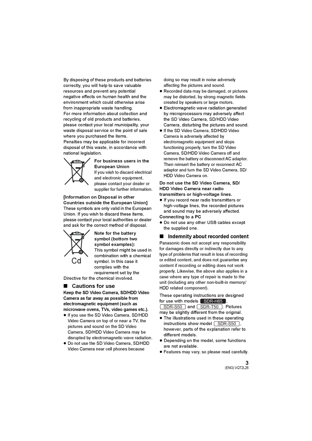 Panasonic SDR-T50, SDR-S50, SDR-H85 operating instructions Indemnity about recorded content 