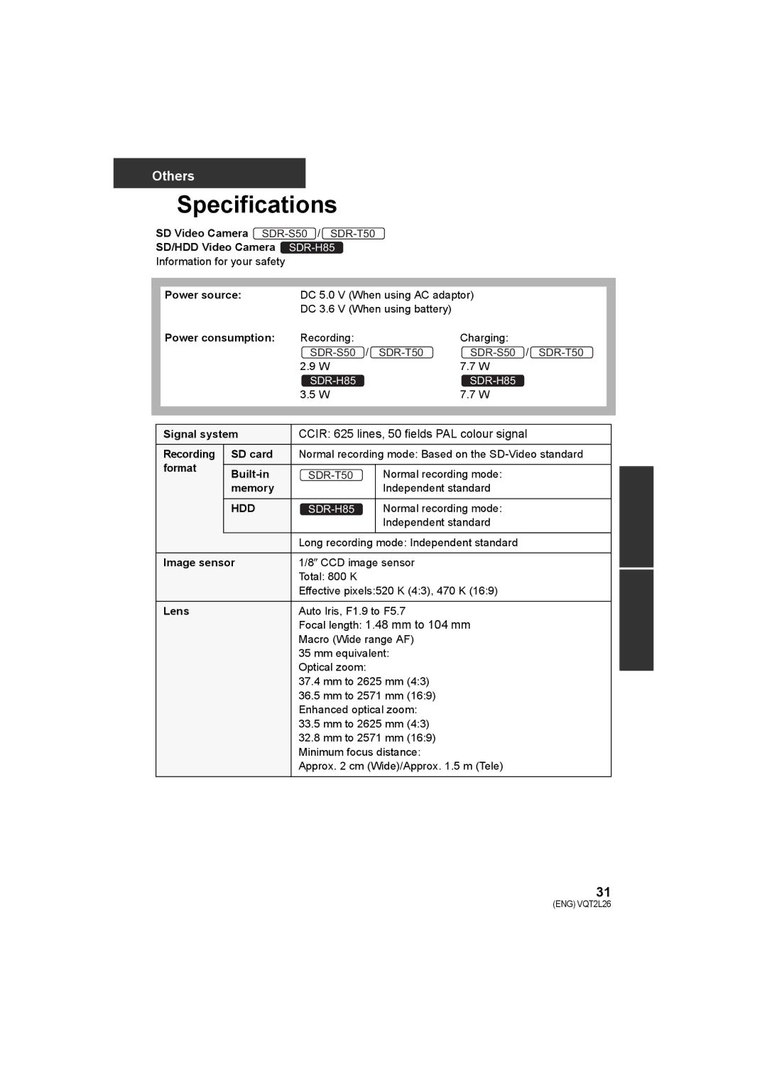 Panasonic SDR-S50, SDR-T50, SDR-H85 operating instructions Specifications 