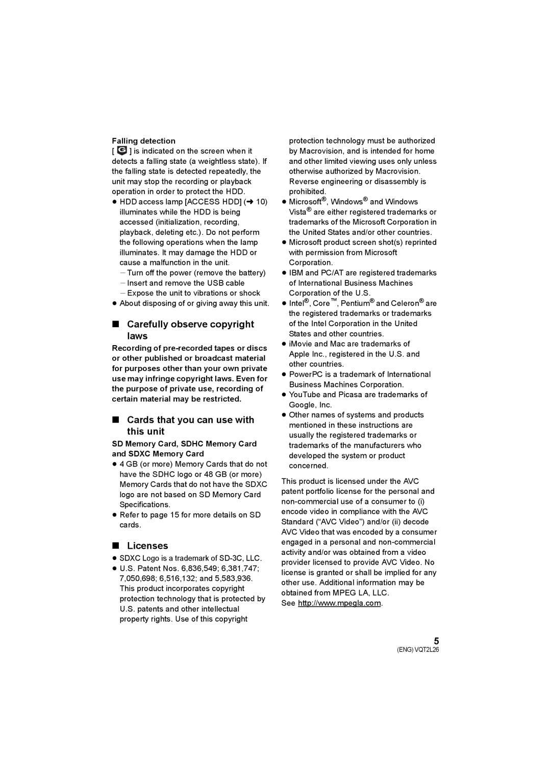 Panasonic SDR-H85 Carefully observe copyright Laws, Cards that you can use with this unit, Licenses, Falling detection 