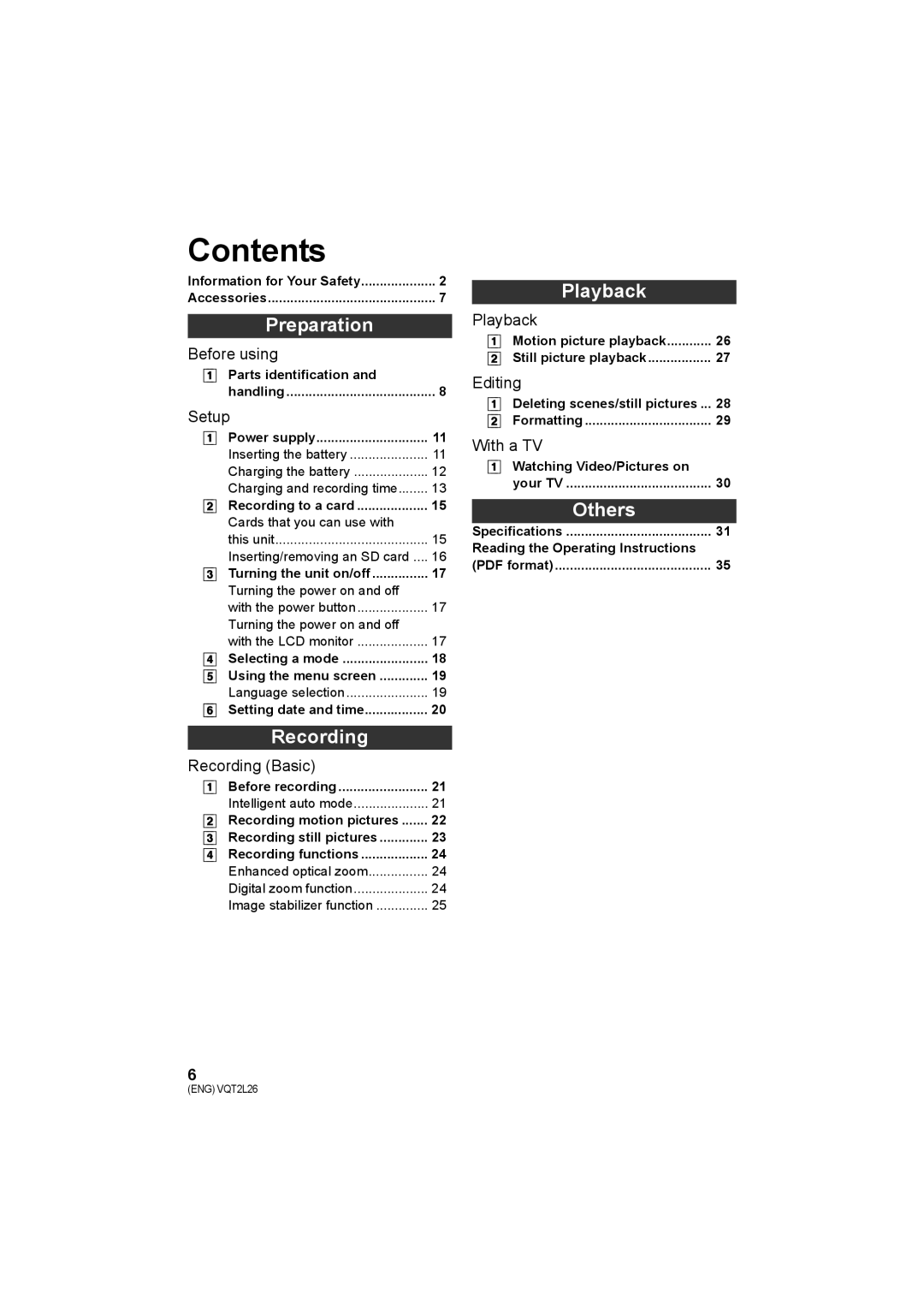 Panasonic SDR-T50, SDR-S50, SDR-H85 operating instructions Contents 