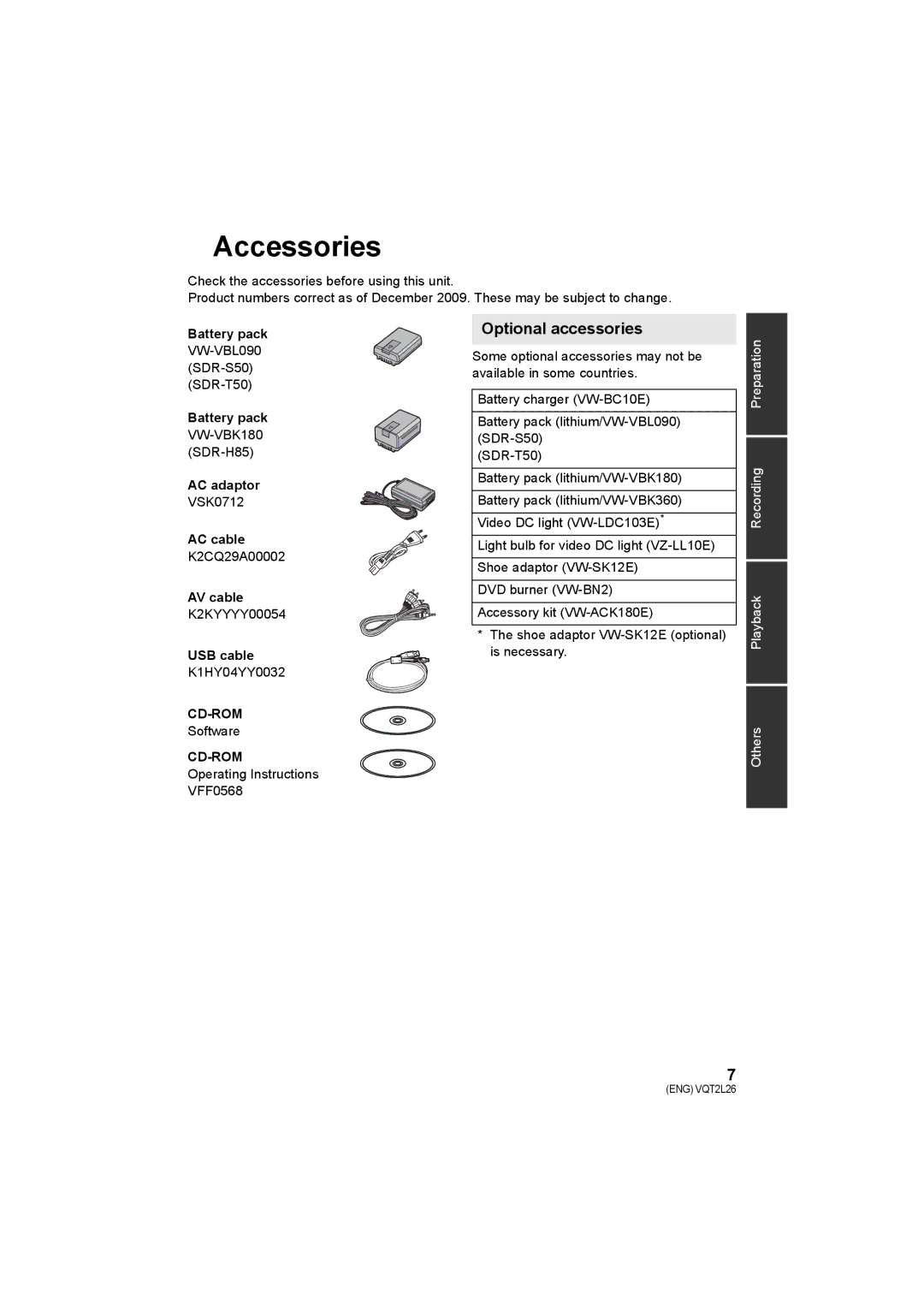 Panasonic SDR-S50, SDR-T50, SDR-H85 operating instructions Accessories, Optional accessories 