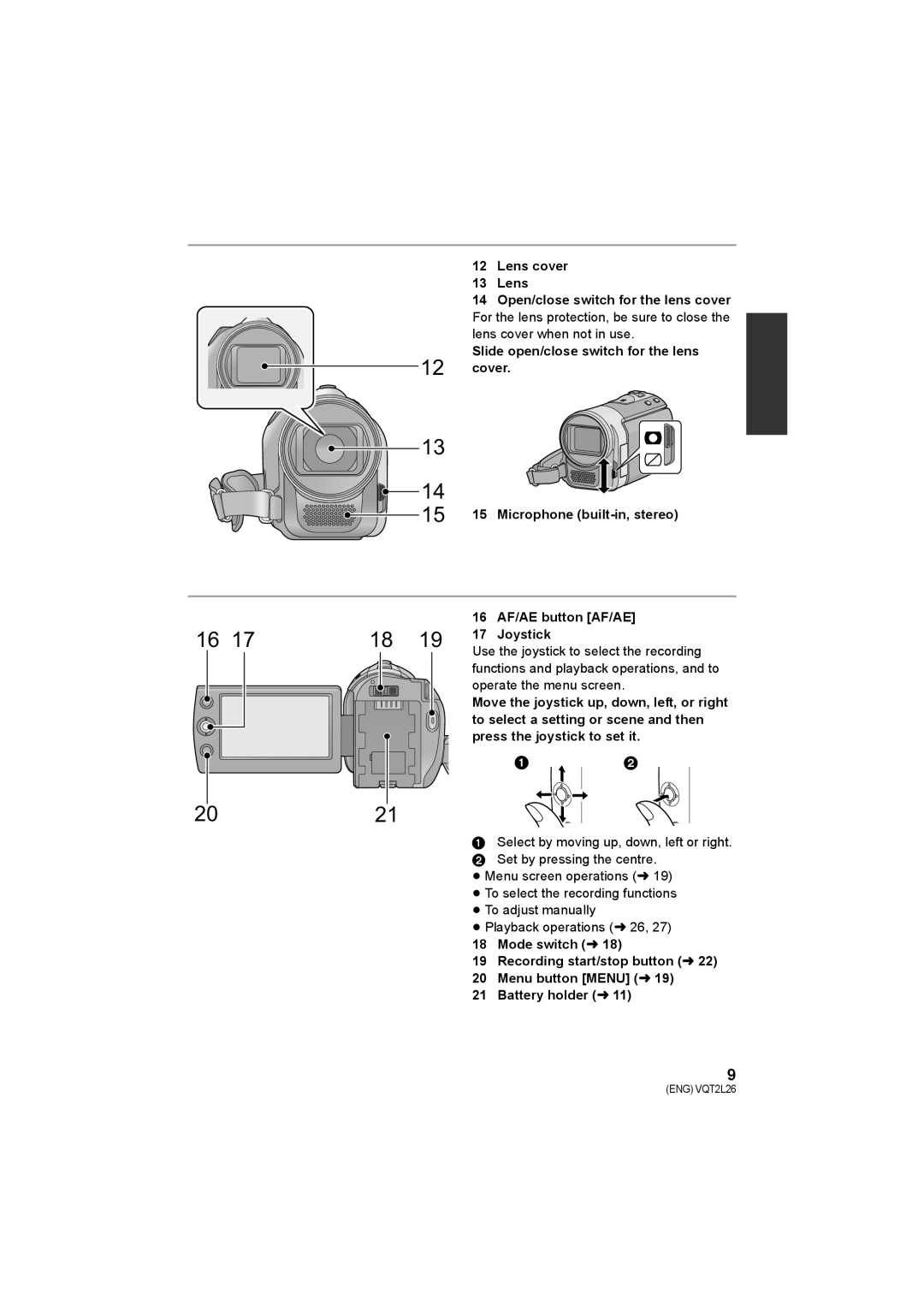 Panasonic SDR-T50, SDR-S50, SDR-H85 operating instructions  , 16 AF/AE button AF/AE Joystick 