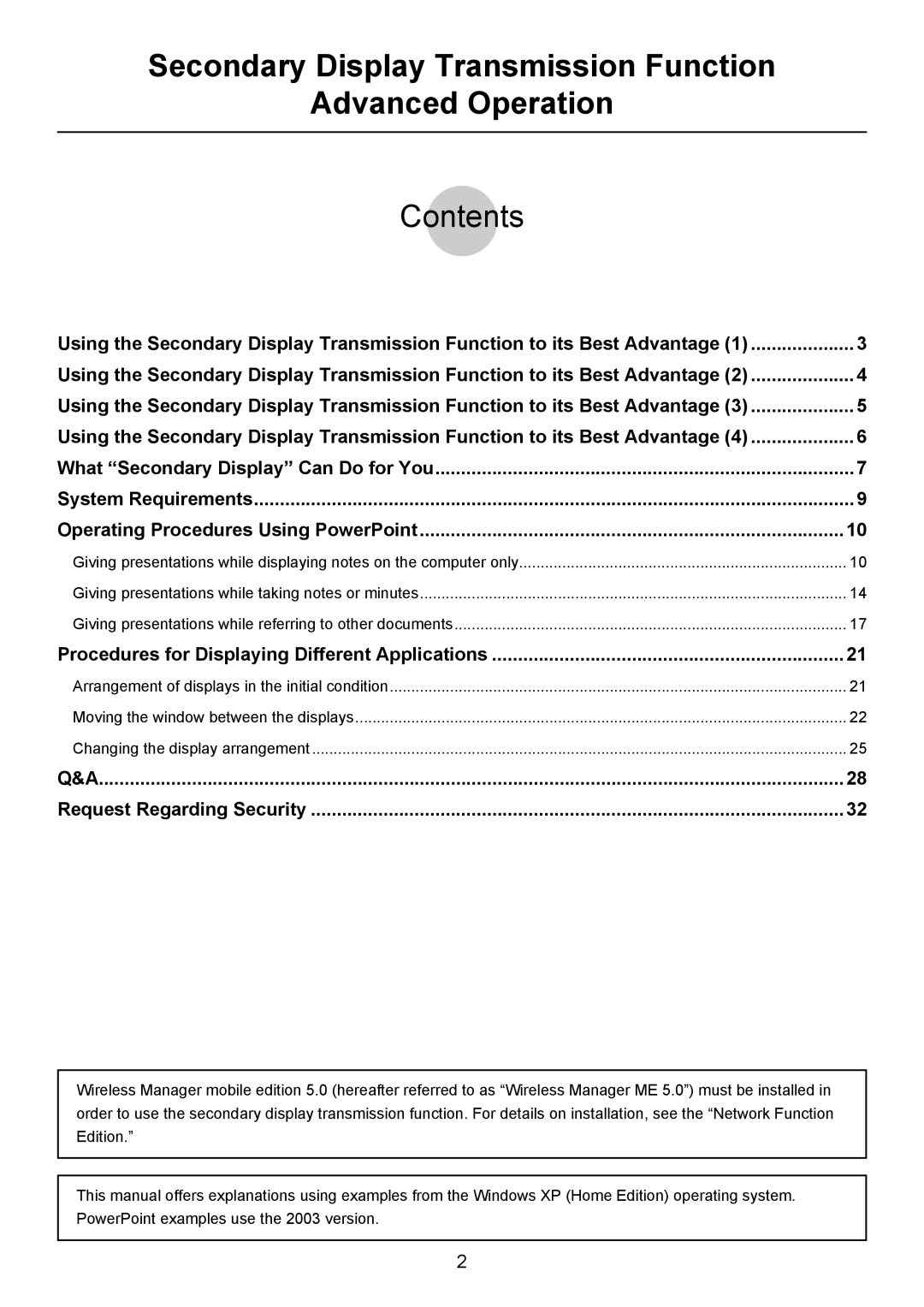 Panasonic manual Secondary Display Transmission Function Advanced Operation, Contents 