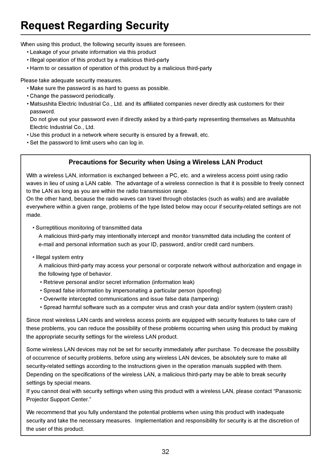 Panasonic Secondary Display Transmission Function manual Request Regarding Security 