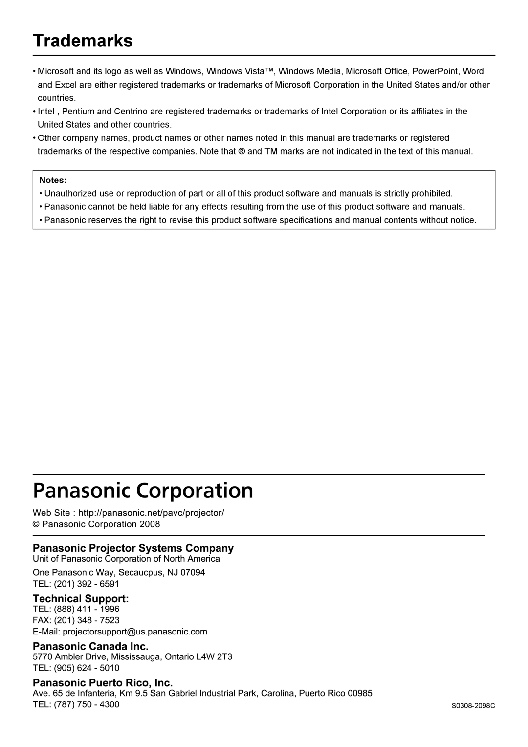 Panasonic Secondary Display Transmission Function manual Trademarks 