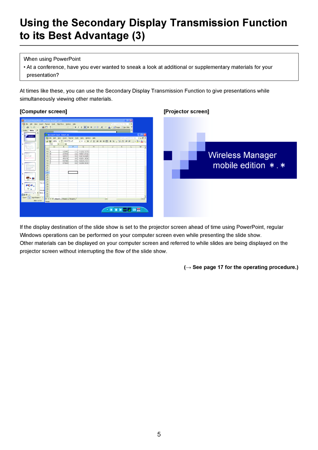 Panasonic Secondary Display Transmission Function manual → See page 17 for the operating procedure 