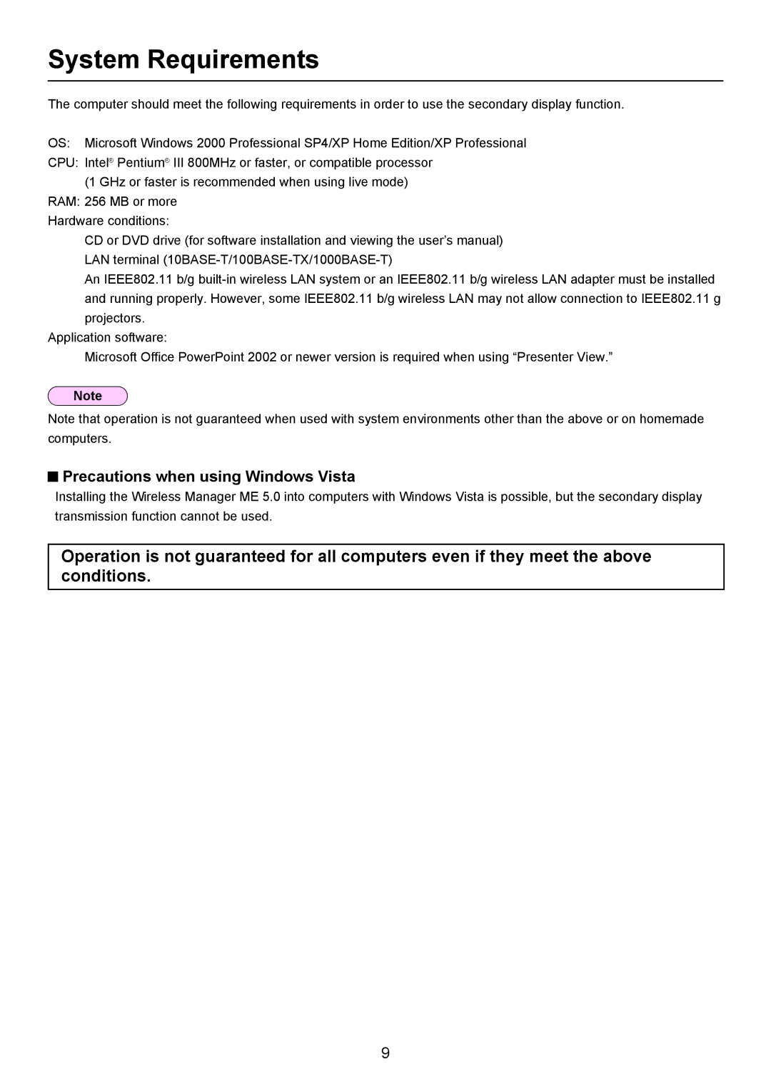 Panasonic Secondary Display Transmission Function manual System Requirements, Precautions when using Windows Vista 