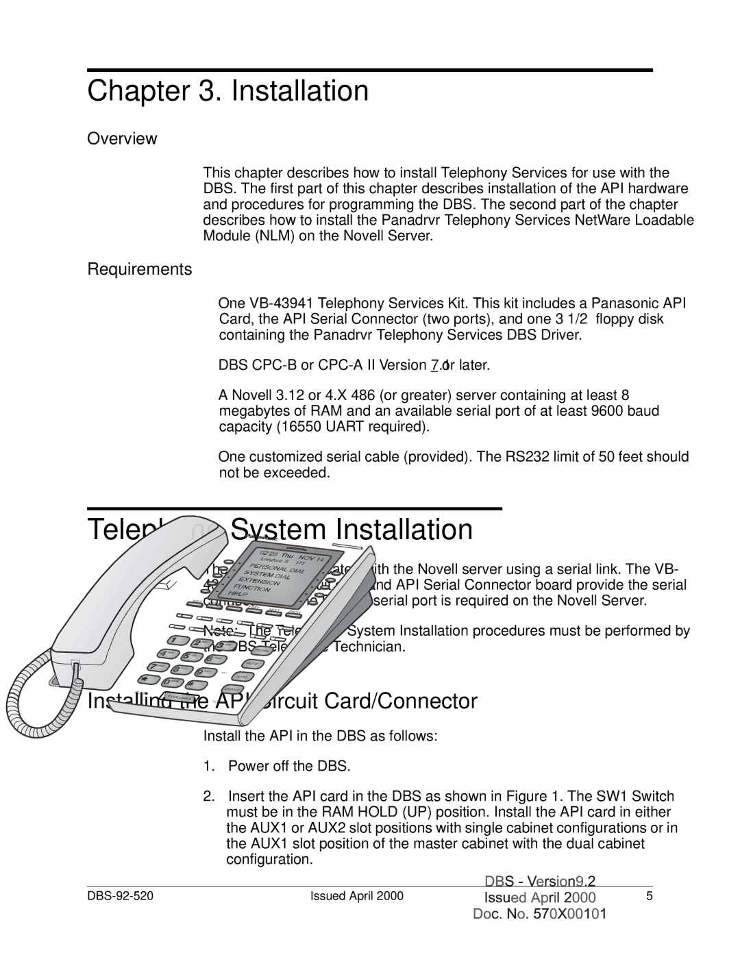 Panasonic Section 520 manual Telephone System Installation, Installing the API Circuit Card/Connector 